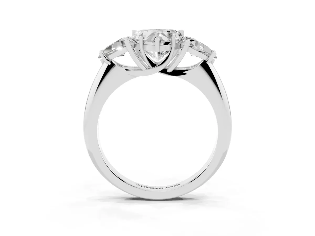 Three-Stone Heart Cut Diamond Engagement Ring with Trillion Side Stones and Prong Setting Silver