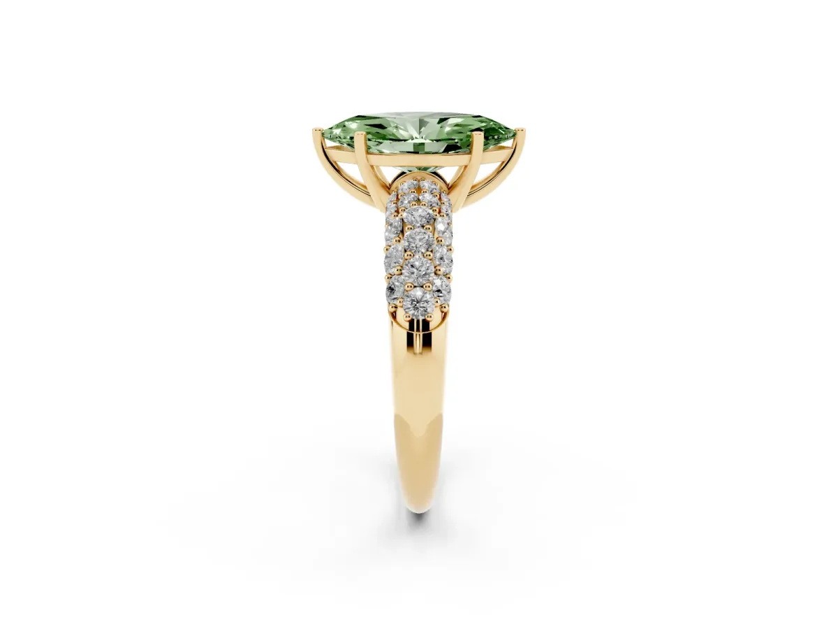 Fancy Green Marquise Cut Diamond Pavé Band Solitaire Ring with Four-Prong Setting Yellow gold