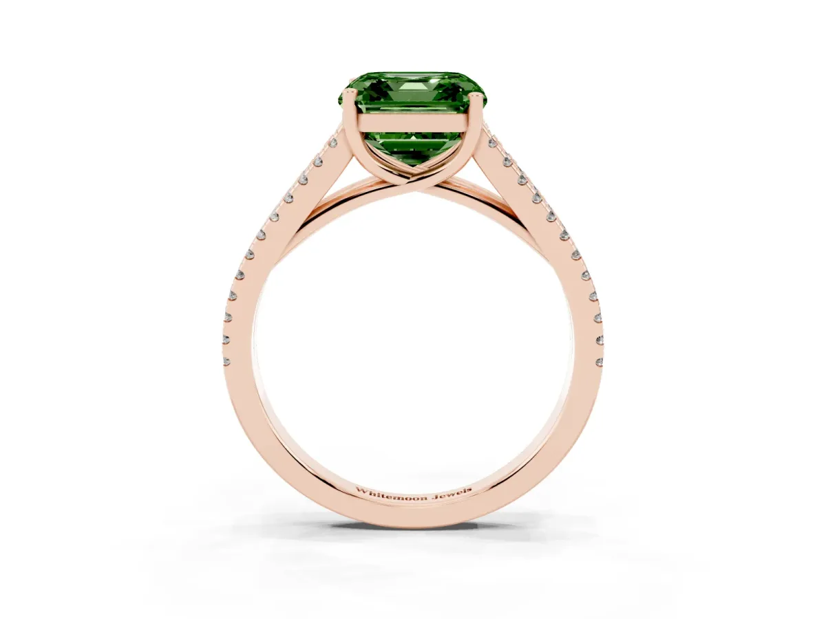 Fancy Green Asscher Cut Diamond Solitaire Engagement Ring with Split Shank Pavé Band Rose gold