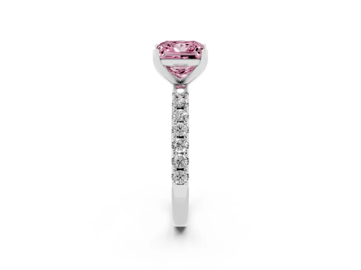 Fancy Pink Princess Cut Diamond Solitaire Pavé Band with Four-Prong Setting Silver
