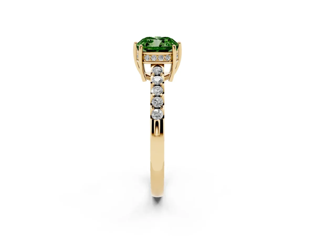 Fancy Green Cushion Cut Solitaire Diamond Engagement Ring with Pavé Band and Six-Prong Setting Yellow gold