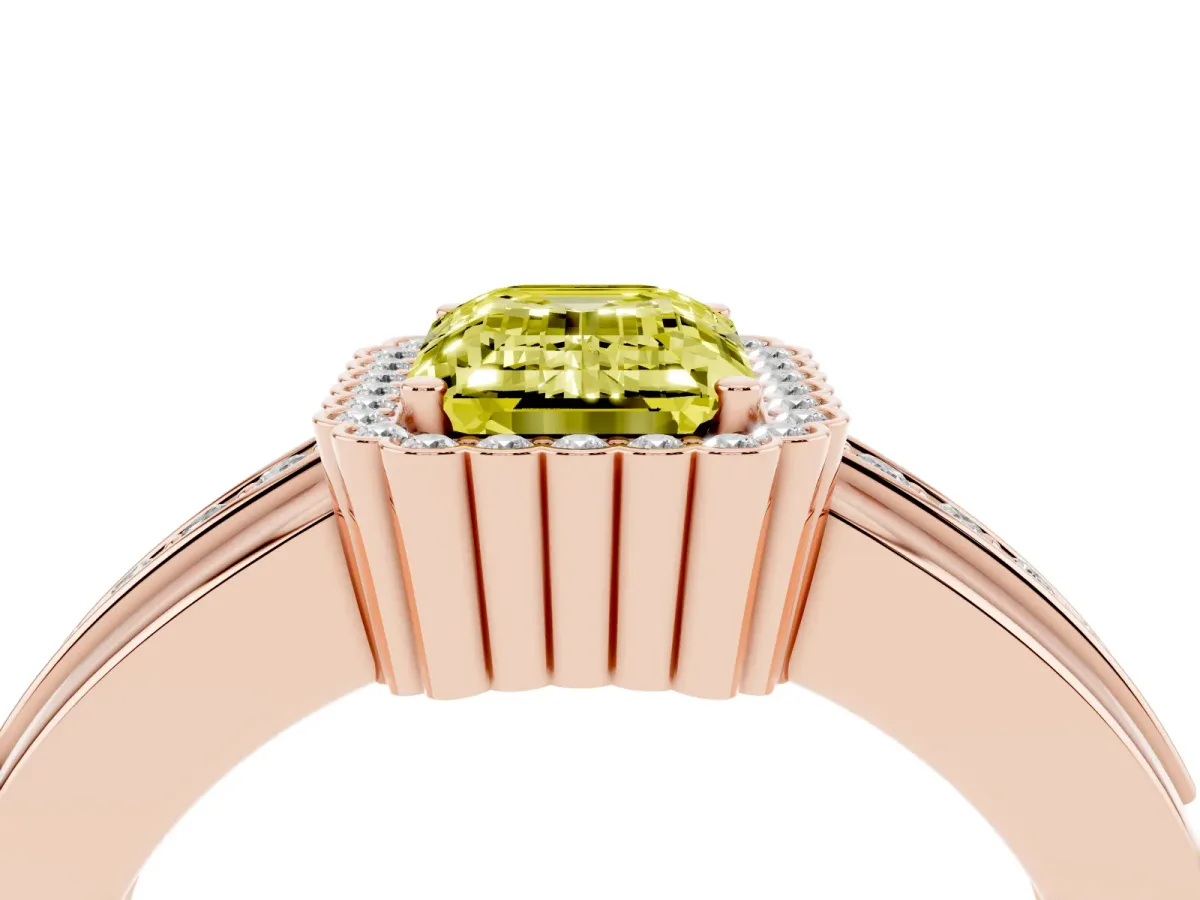 Fancy Yellow Emerald Cut Cut Halo Pave Band Four-Prong Ring Rose gold