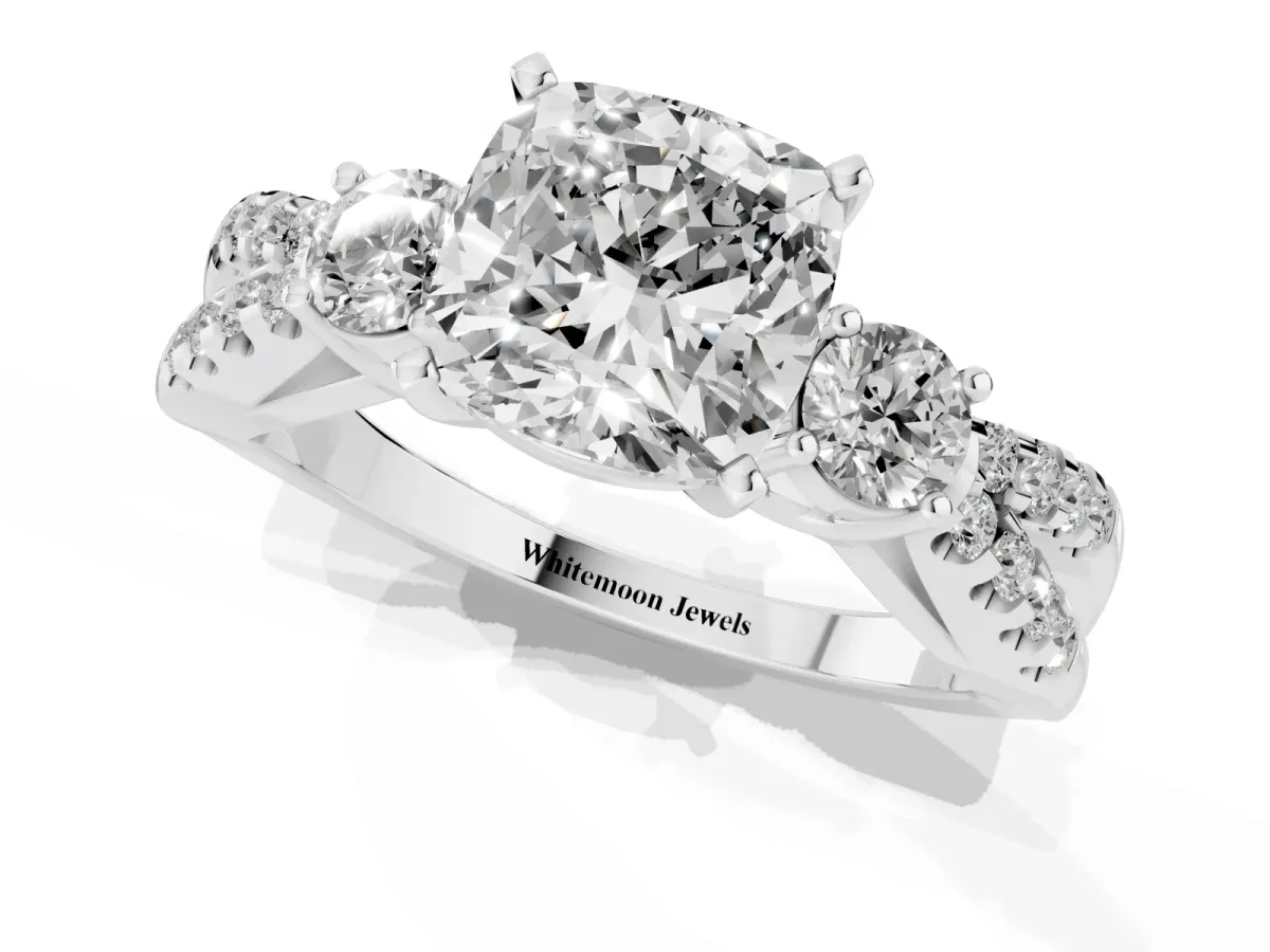 Cushion Cut Diamond Three-Stone Ring with Pavé Split Shank and Four-Prong Setting Silver