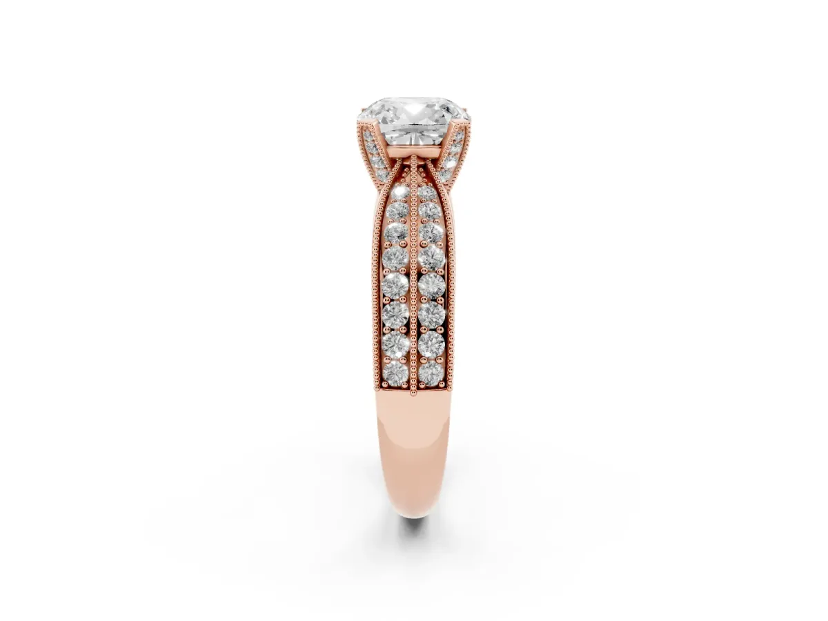 Cushion Cut Diamond Solitaire Ring with Milgrain Round Pavé Band and Prong Setting Rose gold