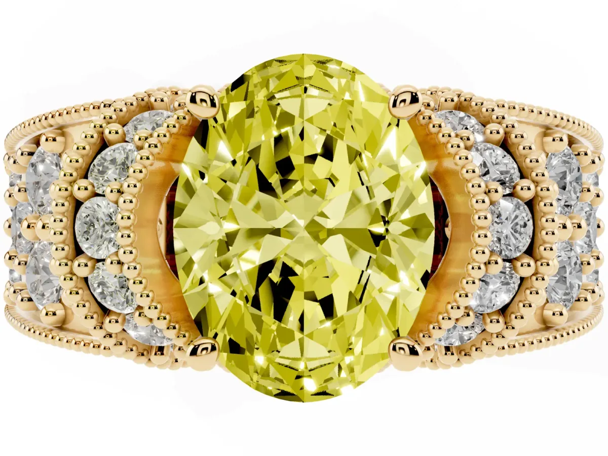 Fancy Yellow Oval Cut Halo Pave Diamond Engagement Ring with Milgrain Detailing Yellow gold