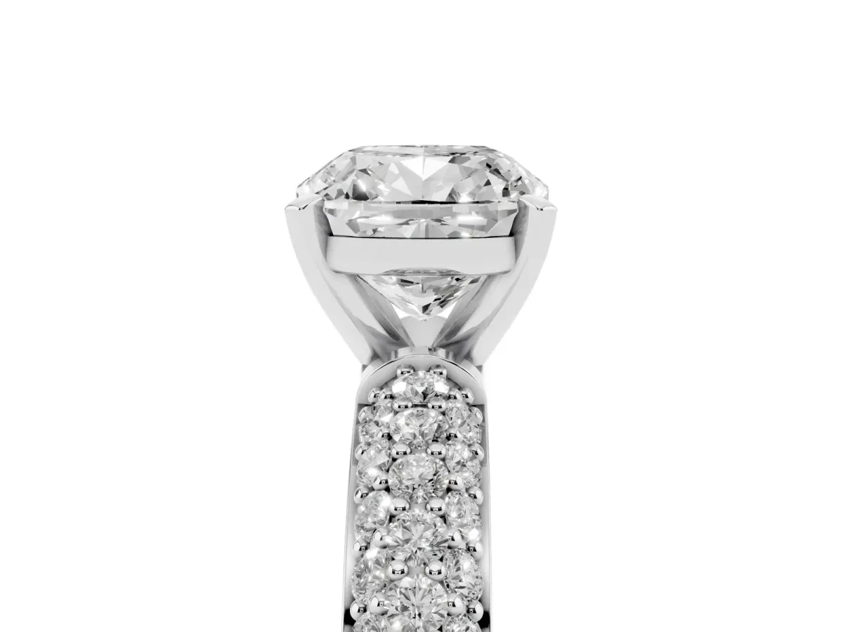 Cushion Cut Diamond Solitaire Ring with Prong Setting and Pavé Band Silver
