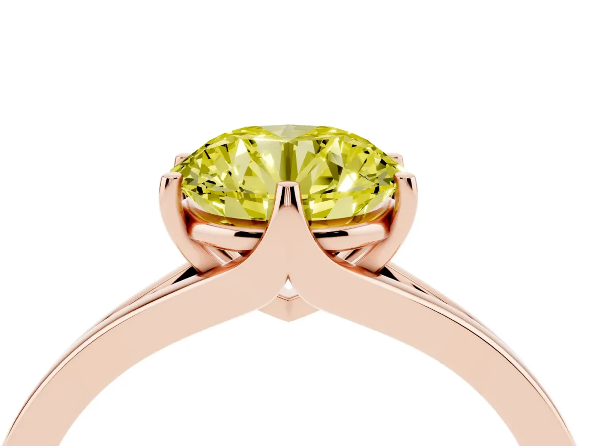 Fancy Yellow Round Cut Solitaire Diamond Ring with Six-Prong Setting and Tapered Band Rose gold
