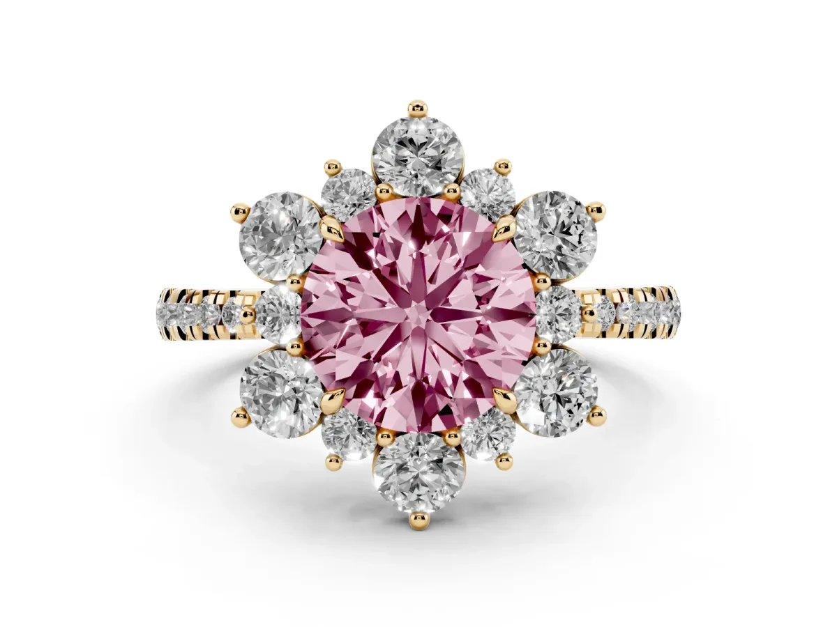 Fancy Pink Round Cut Diamond Floral Halo Ring with Round Pavé Band and Prong Setting Yellow gold