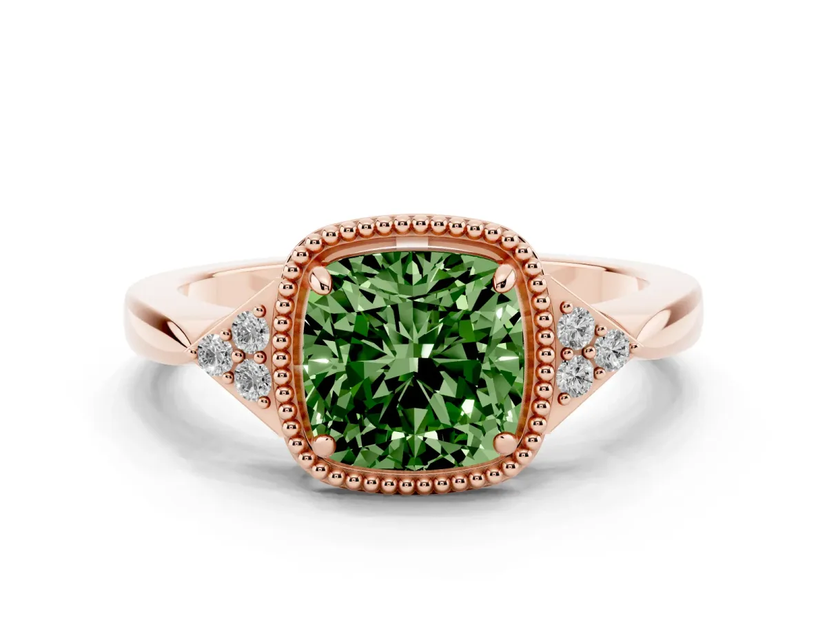 Fancy Green Hexagonal Halo Cushion Cut Diamond Solitaire with Pavé Band and Four-Prong Setting Rose gold