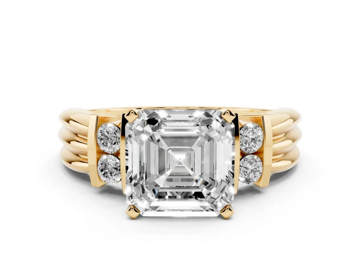 Asscher Cut Cut Three-Stone Channel Set Ring with Bar Prongs Yellow gold
