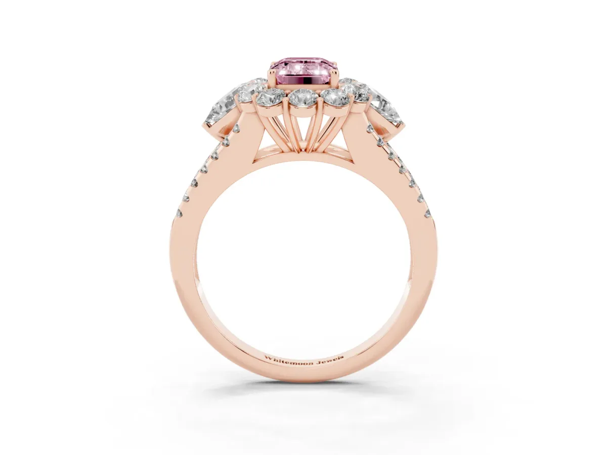 Fancy Pink Emerald Cut Halo Split Shank Diamond Engagement Ring with Prong Setting Rose gold