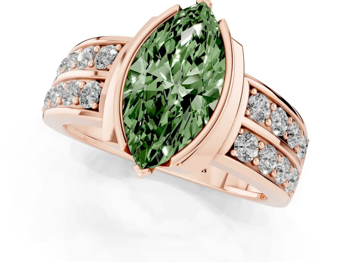 Fancy Green Marquise Cut Brilliant Diamond Channel Set Wide Band Ring with Bezel Setting Rose gold