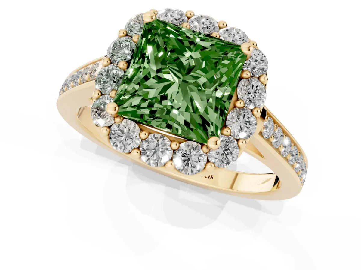 Fancy Green Princess Cut Diamond Floral Halo Ring with Pavé Band and Prong Setting Yellow gold