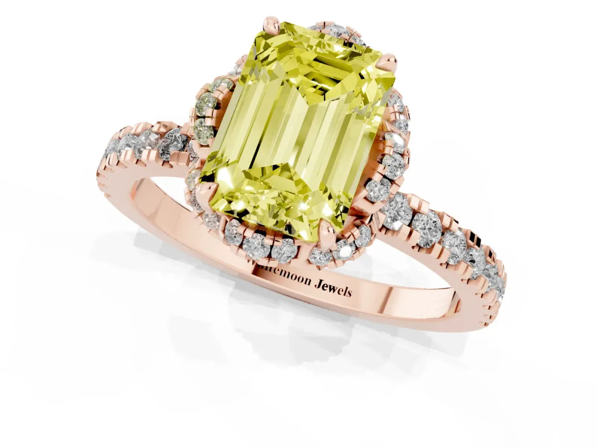 Fancy Yellow Emerald Cut Halo Diamond Pave Band Ring with Four-Prong Setting Rose gold