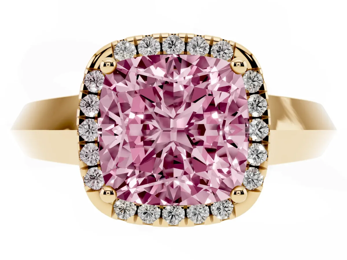 Fancy Pink Cushion Cut Halo Diamond Ring with Cathedral Band and Four-Prong Setting Yellow gold