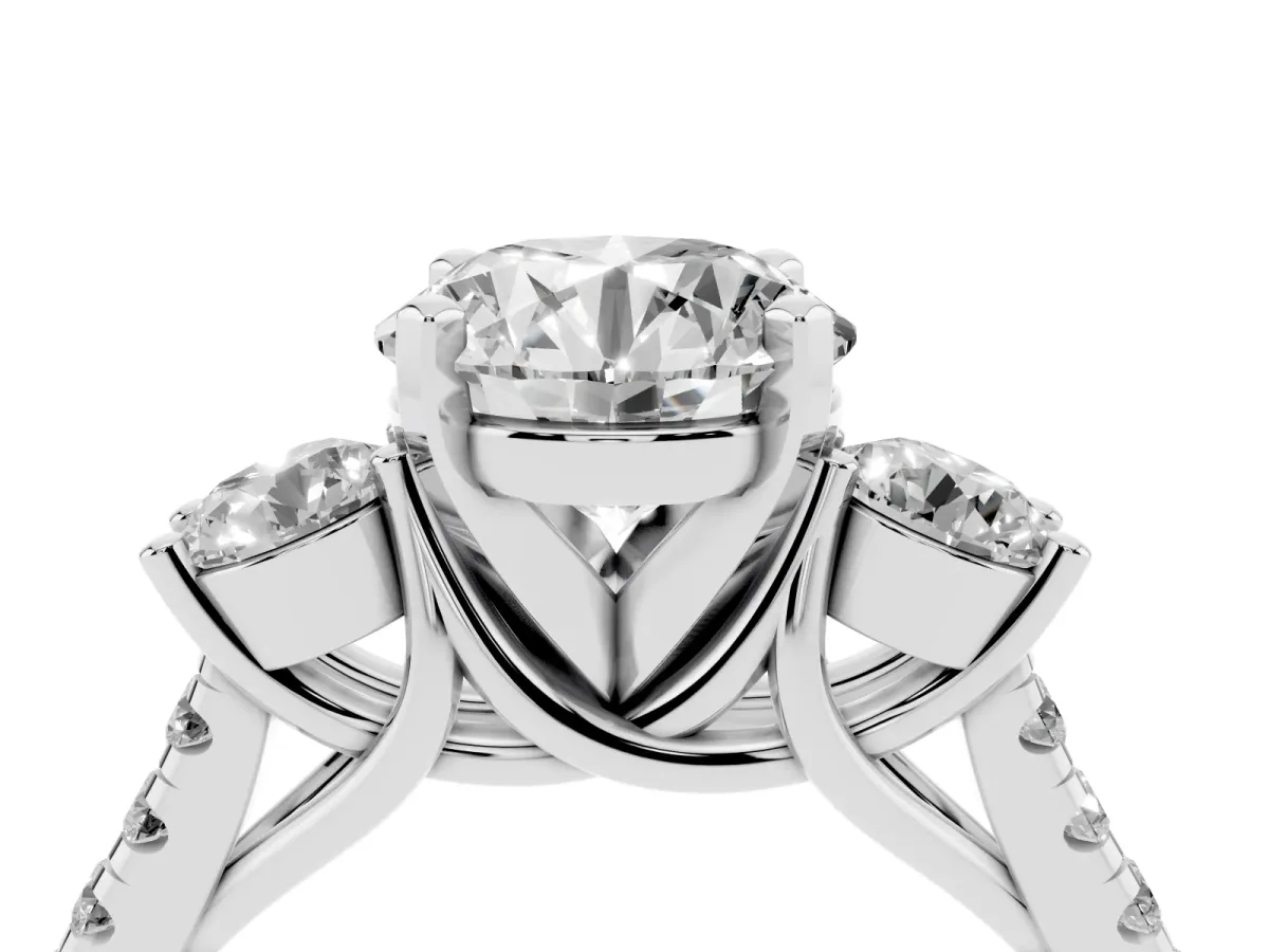 Three-Stone Round Cut Diamond Pavé Band with Four-Prong Setting Platinum