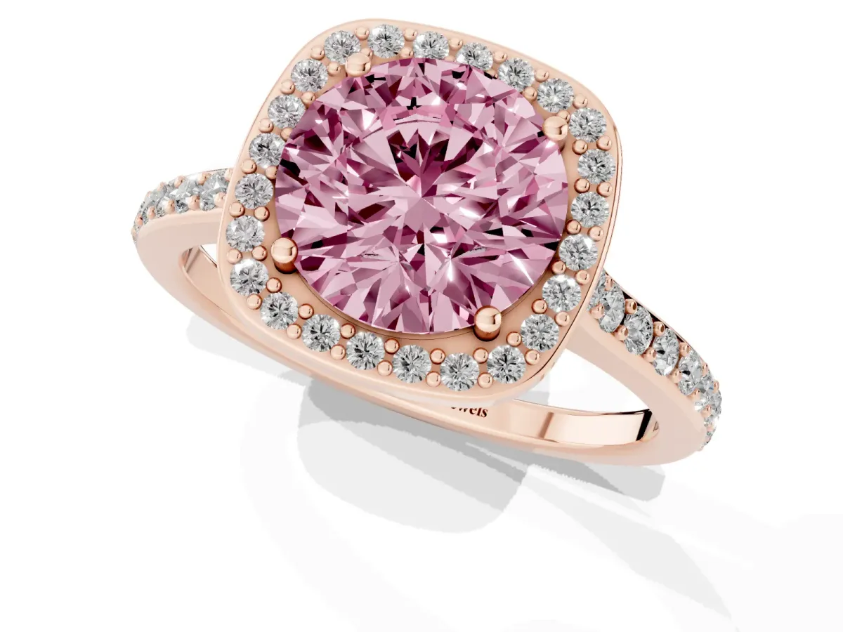 Fancy Pink Round Cut Diamond Halo Engagement Ring with Round Pavé Shoulders and Prong Setting Rose gold