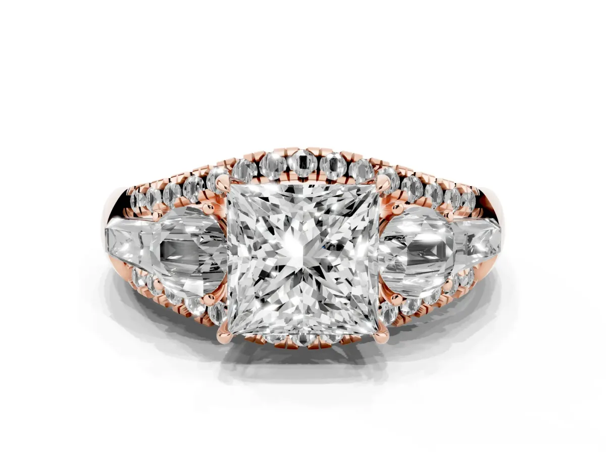 Three-Stone Princess Cut Diamond Engagement Ring with Pave Band and Prong Setting Rose gold