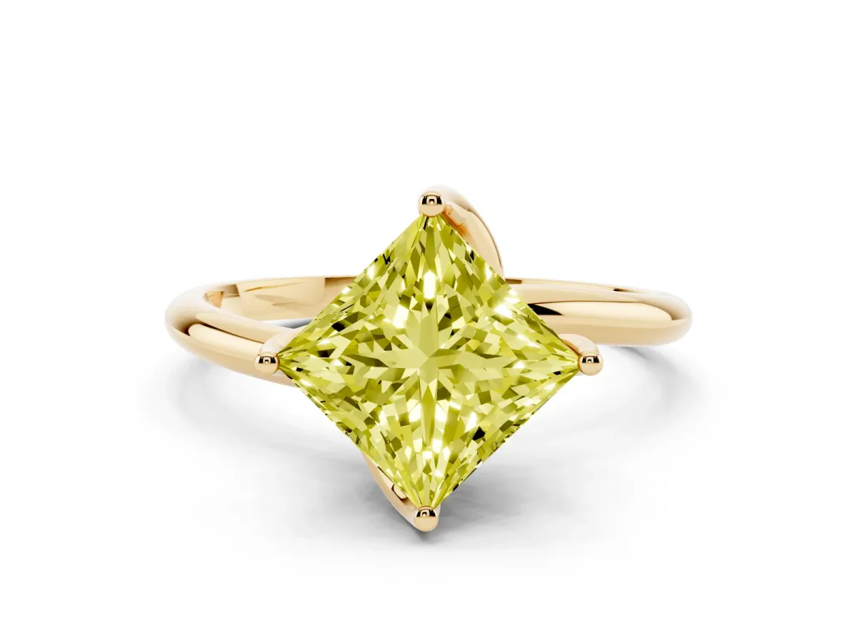 Fancy Yellow Princess Cut Diamond Solitaire Engagement Ring with Four-Prong Setting and Classic Band Yellow gold