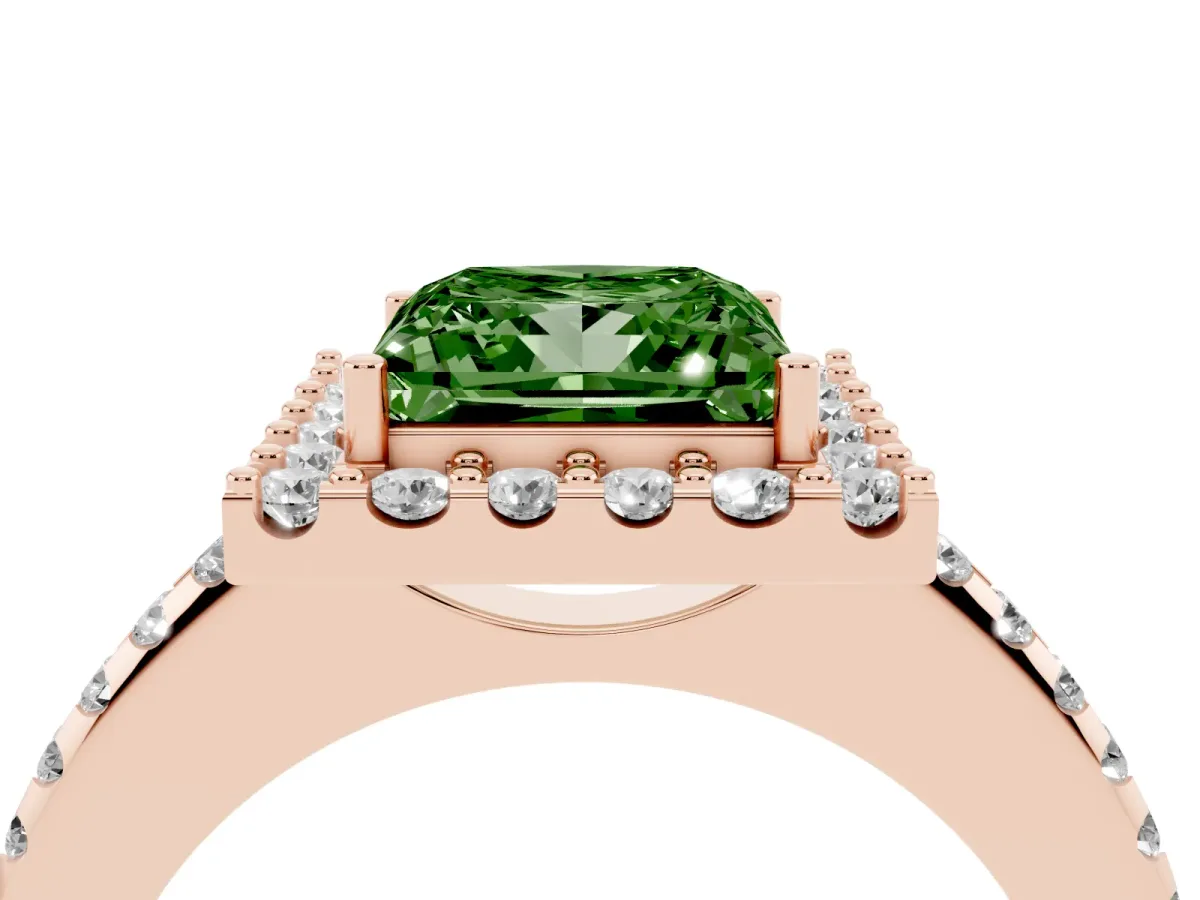 Fancy Green Princess Cut Diamond Pavé Halo Ring with Four-Prong Setting Rose gold