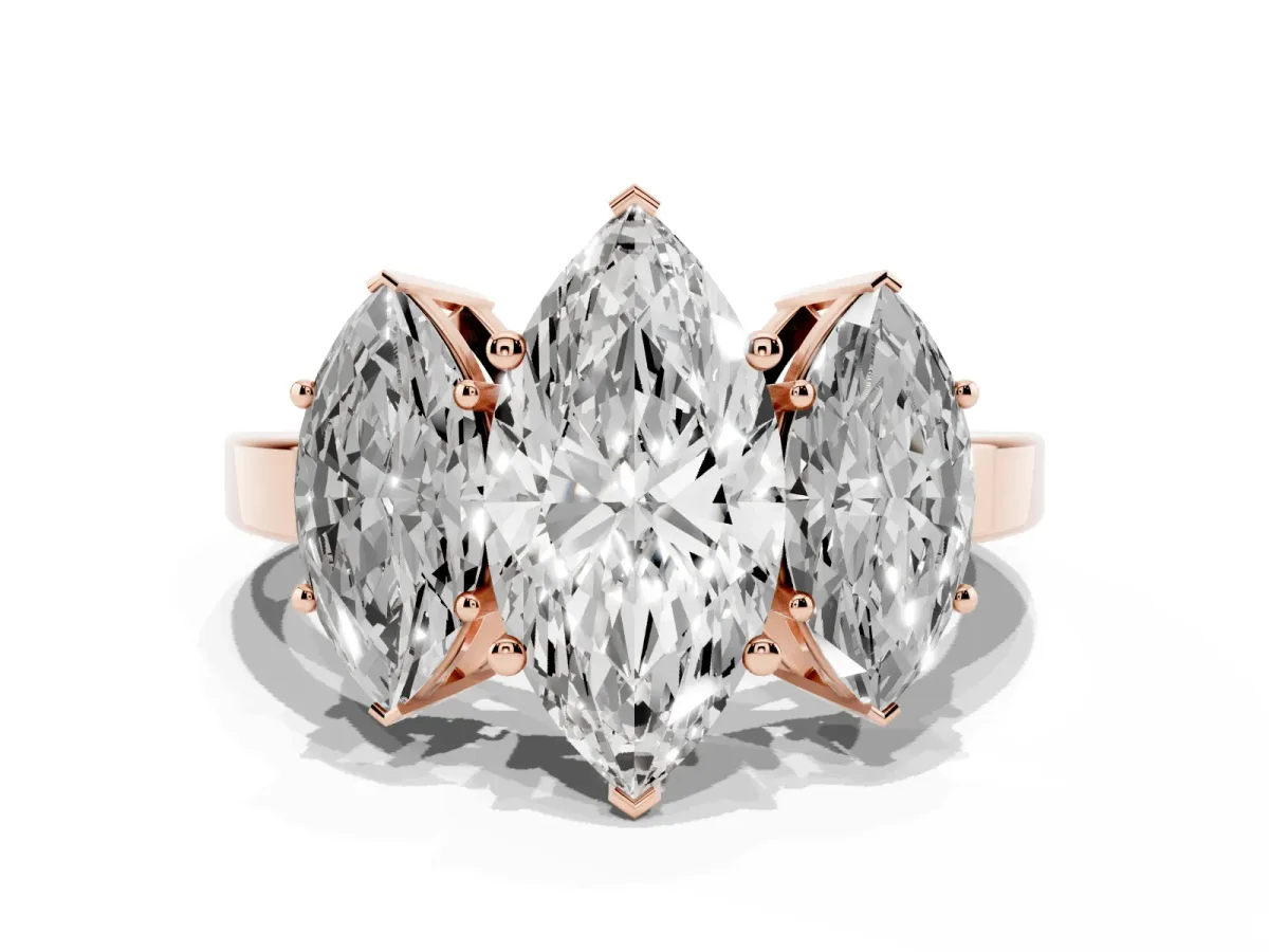 Three-Stone Marquise Cut Cut Diamond Engagement Ring with Flat Band and Four-Prong Setting Rose gold