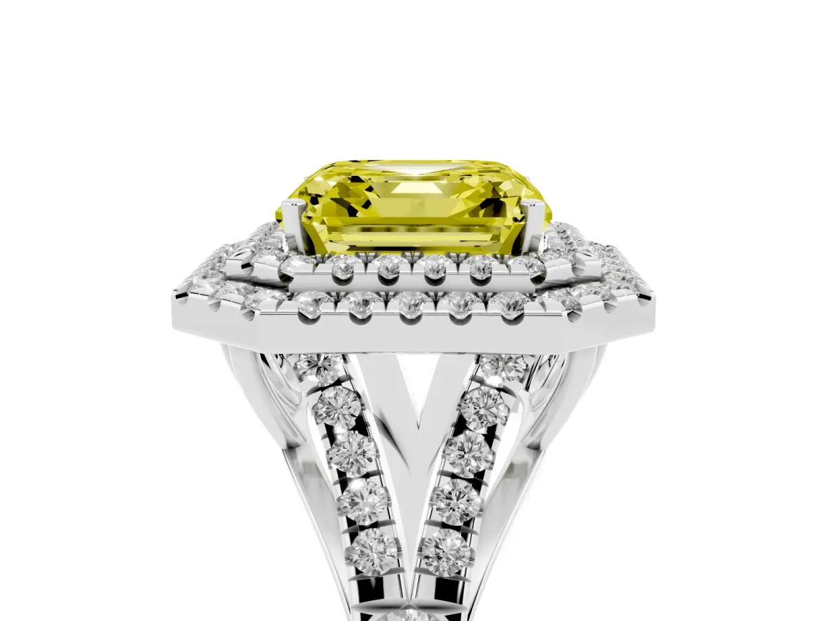 Fancy Yellow Asscher Cut Diamond Pavé Split Shank Double Halo Engagement Ring Platinum