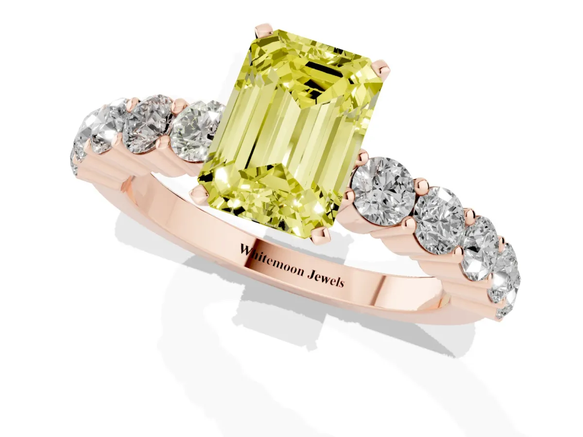 Fancy Yellow Emerald Cut Diamond Solitaire Ring with Shared Prong Round Side Stones Rose gold