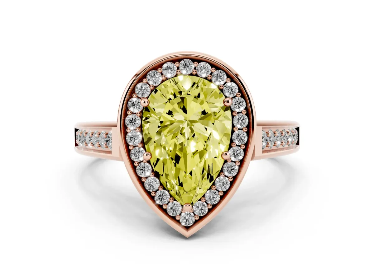 Fancy Yellow Pear Cut Halo Solitaire Diamond Ring with Pave Band and Bezel Setting Rose gold