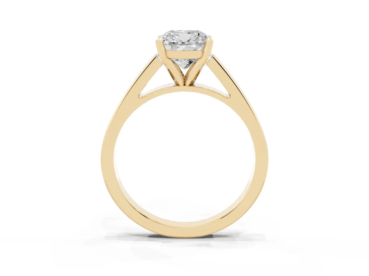 Cushion Cut Solitaire Engagement Ring with Four-Prong Setting and Tapered Band Yellow gold