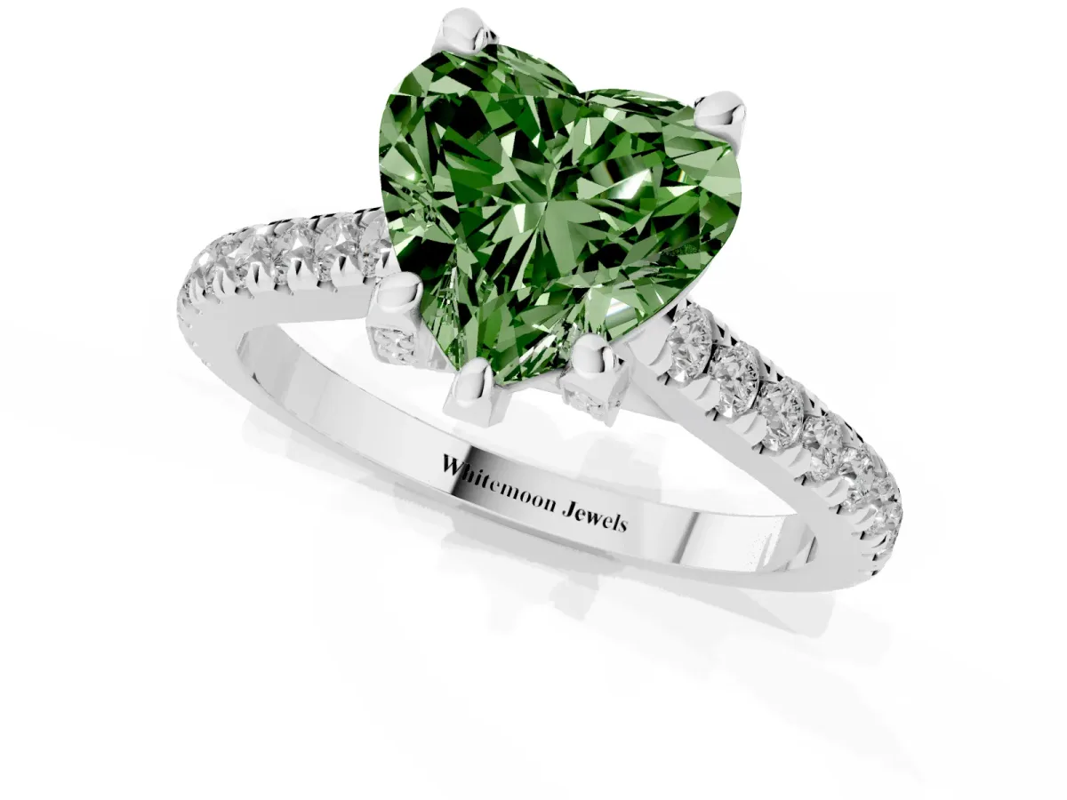 Fancy Green Heart Cut Brilliant Diamond Solitaire with Pavé Band and Four-Prong Setting White gold