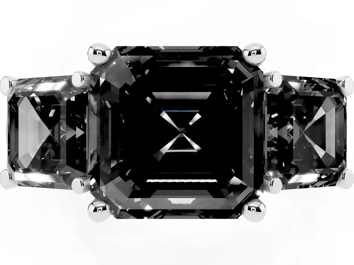 Fancy Black Three-Stone Asscher Cut Brilliant Diamond Trellis Ring with Comfort Fit Band Platinum