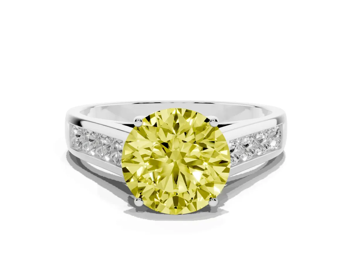Fancy Yellow Round Cut Solitaire Channel-Set Diamond Engagement Ring with Four-Prong Setting Silver
