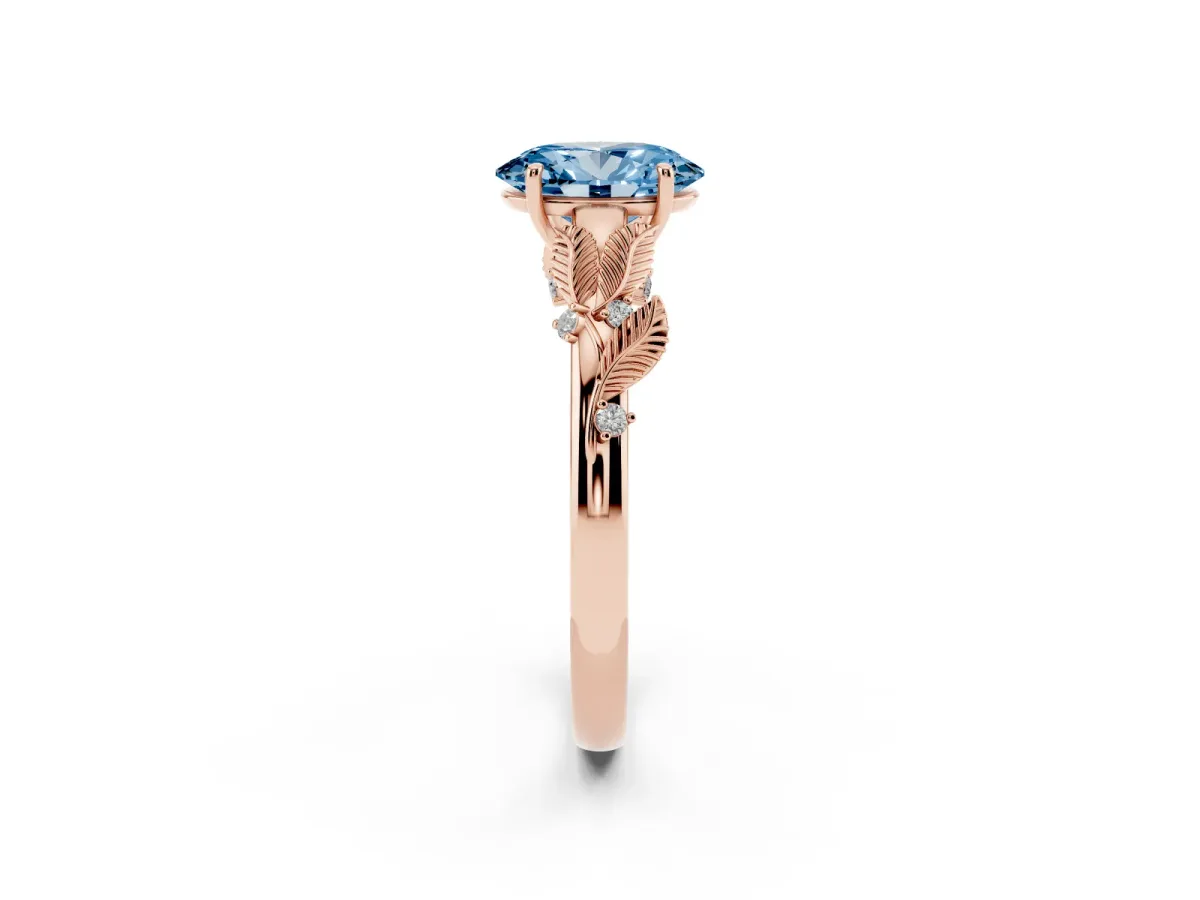 Fancy Blue Oval Cut Diamond Solitaire Ring with Leaf Motif Band and Four-Prong Setting Rose gold