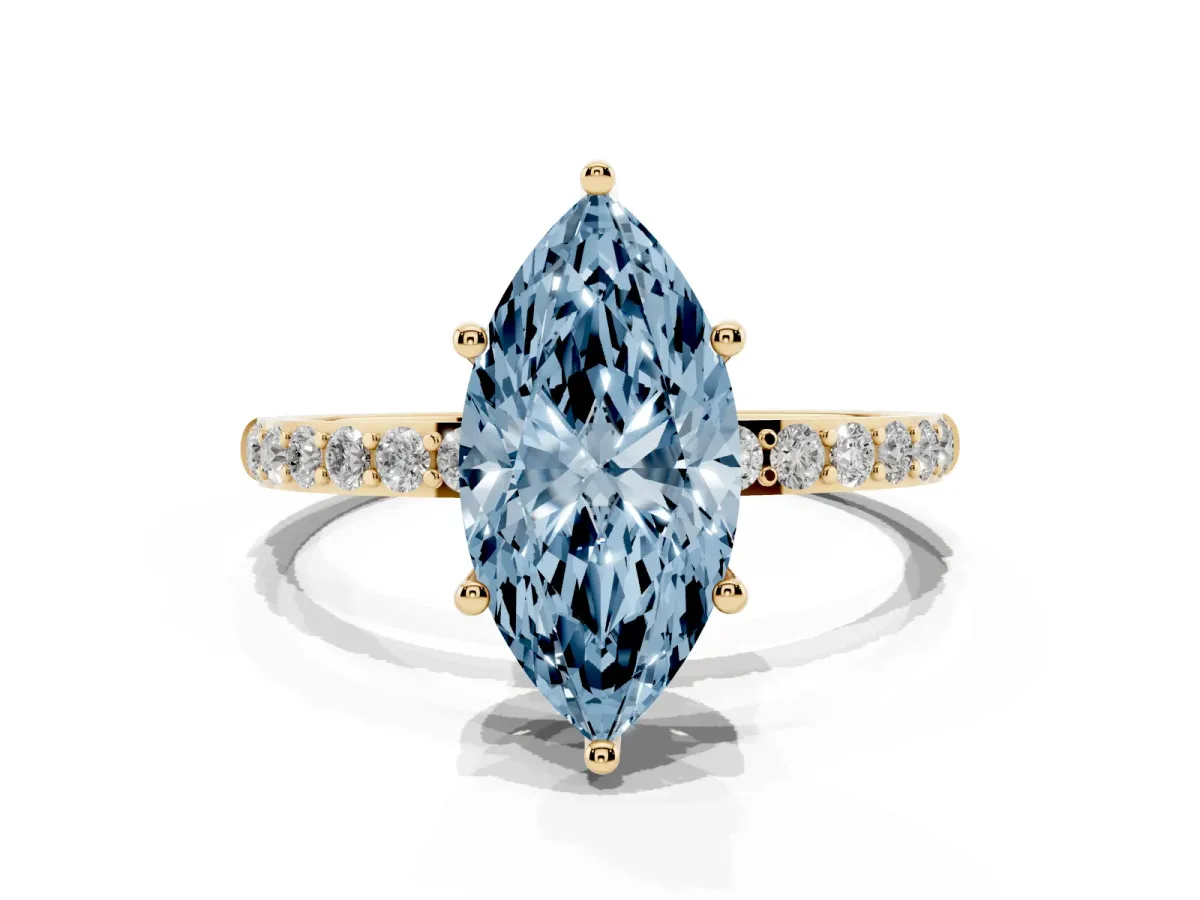 Fancy Blue Marquise Cut Diamond Solitaire Ring with Round Pavé Shoulders and Prong Setting Yellow gold