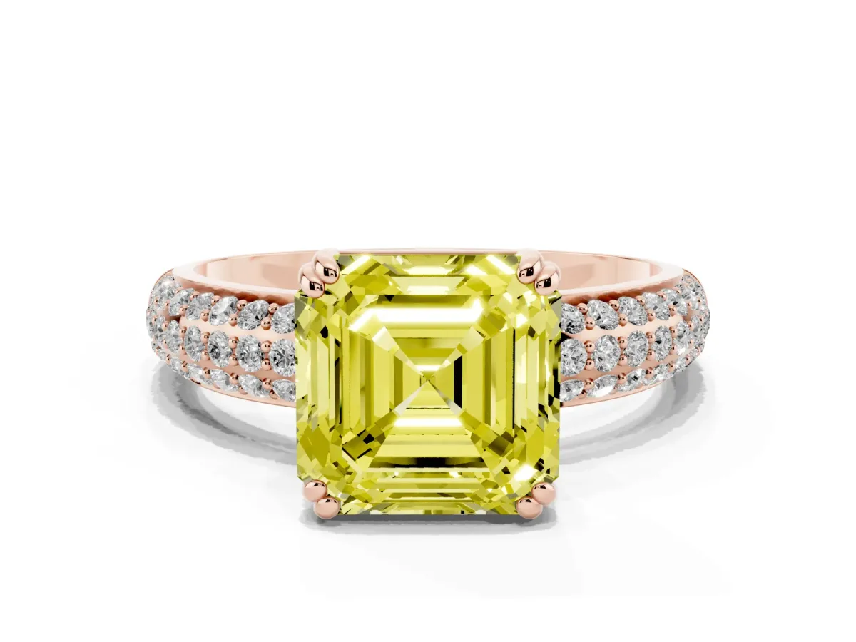 Fancy Yellow Asscher Cut Diamond Solitaire Ring with Multi-Row Round Pavé Band and Prong Setting Rose gold