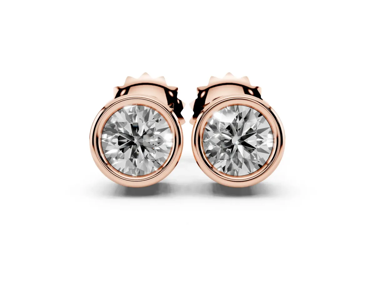 Bezel Set Round Diamond Stud Earrings with Push Back Rose gold