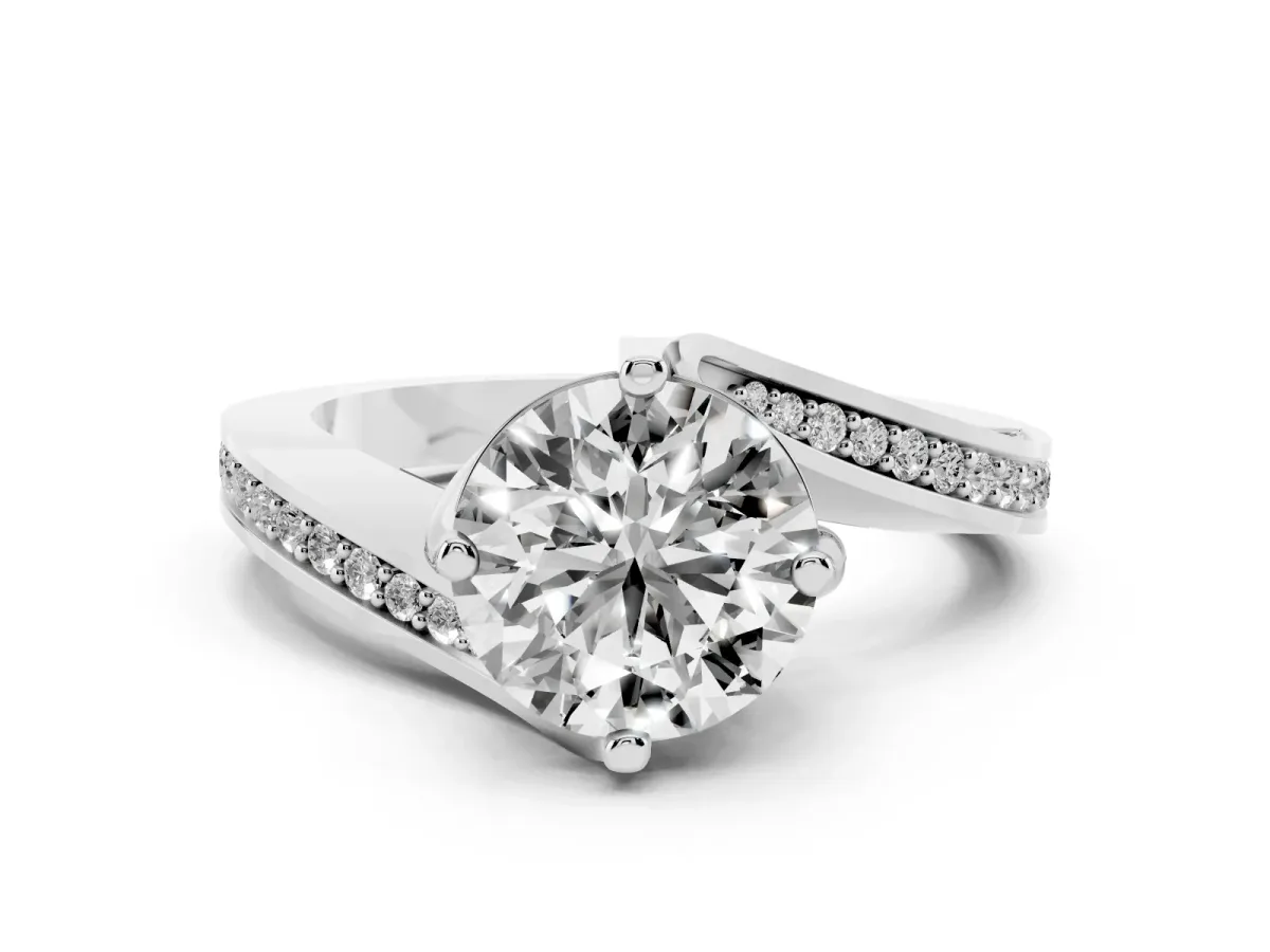 Round Cut Solitaire Diamond Twist Band with Pavé Setting and Four-Prong Setting Silver