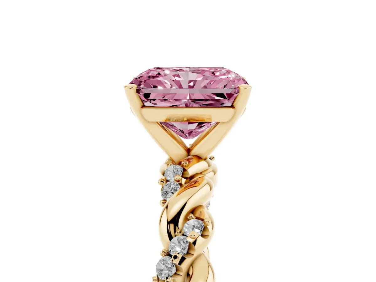 Fancy Pink Radiant Cut Diamond Solitaire Ring with Twisted Band and Pavé Accents Yellow gold