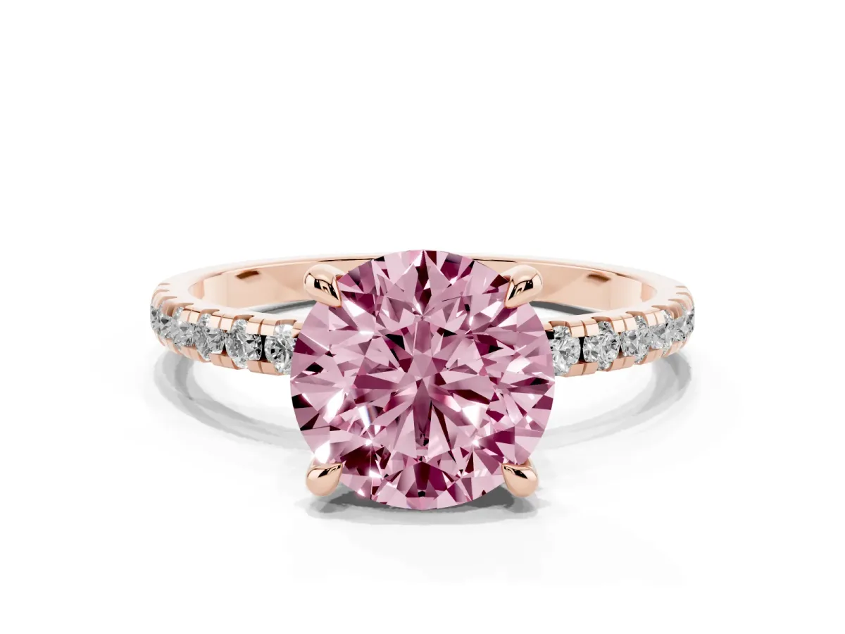 Fancy Pink Round Cut Diamond Brilliant Solitaire Ring with Pavé Band and Four-Prong Setting Rose gold