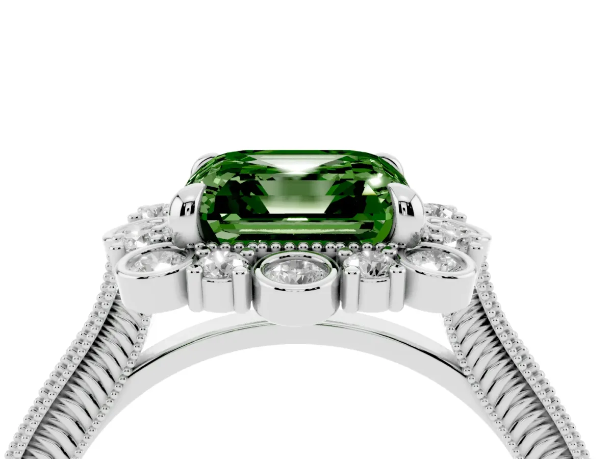 Fancy Green Asscher Cut Halo Milgrain Pave Diamond Ring with Four-Prong Setting Silver