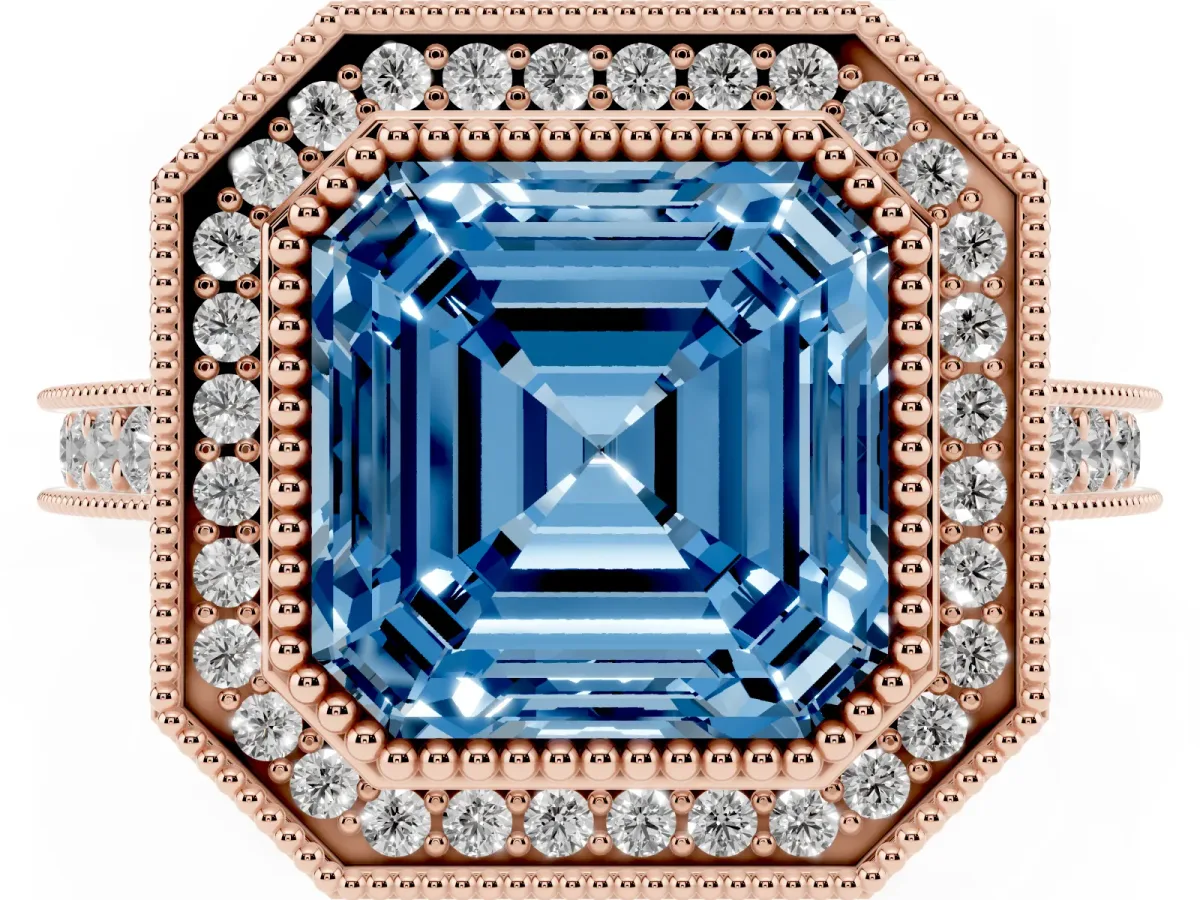 Fancy Blue Halo Asscher Cut-Cut Diamond Pave Band Milgrain Prong Setting Ring Rose gold