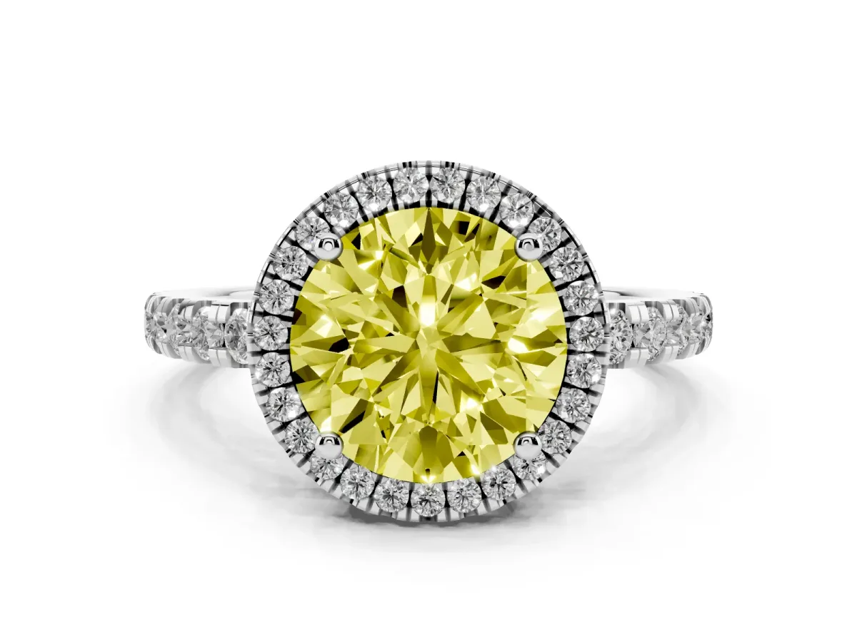 Fancy Yellow Round Cut Diamond Halo Ring with Pavé Band and Four-Prong Setting White gold