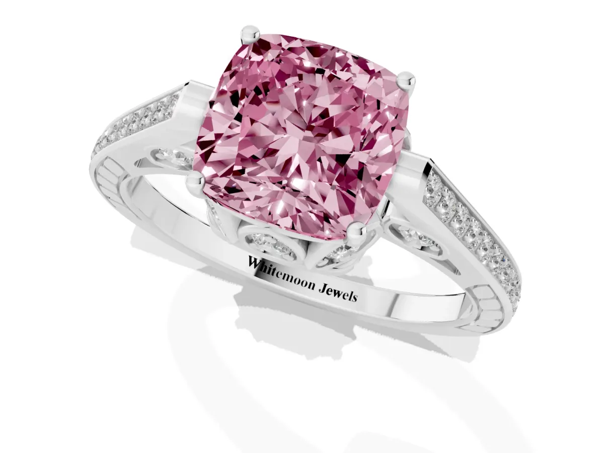 Fancy Pink Cushion Cut Cut Cathedral Pave Diamond Engagement Ring with Six-Prong Setting Silver