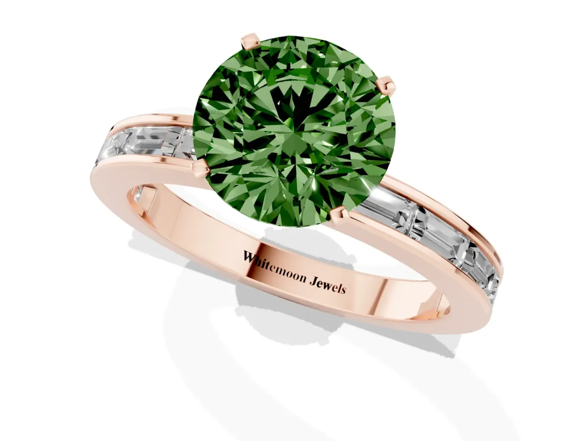 Fancy Green Round Cut Solitaire Diamond Ring with Channel-Set Baguette Band and Four-Prong Setting Rose gold
