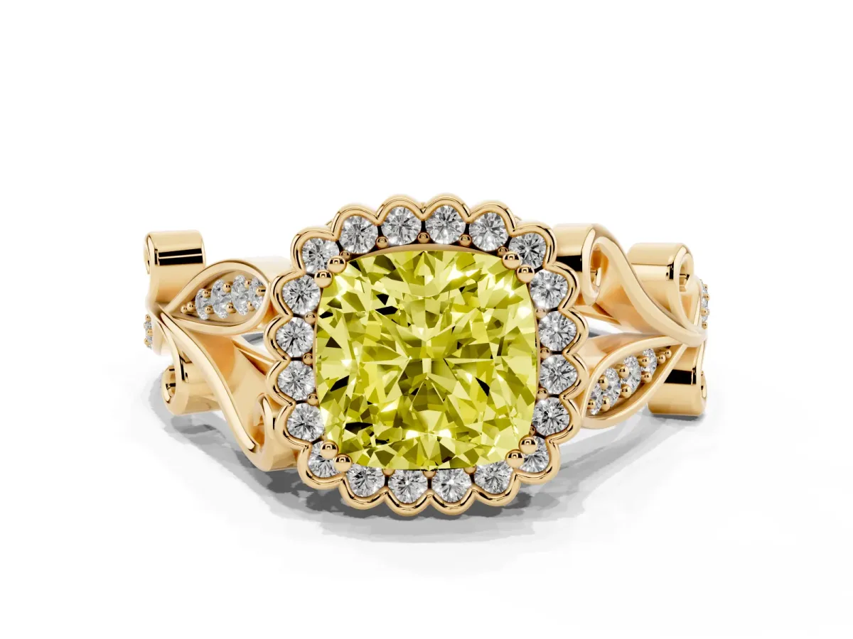 Fancy Yellow Cushion Cut Diamond Halo Ring with Vintage Split Shank and Four-Prong Setting Yellow gold