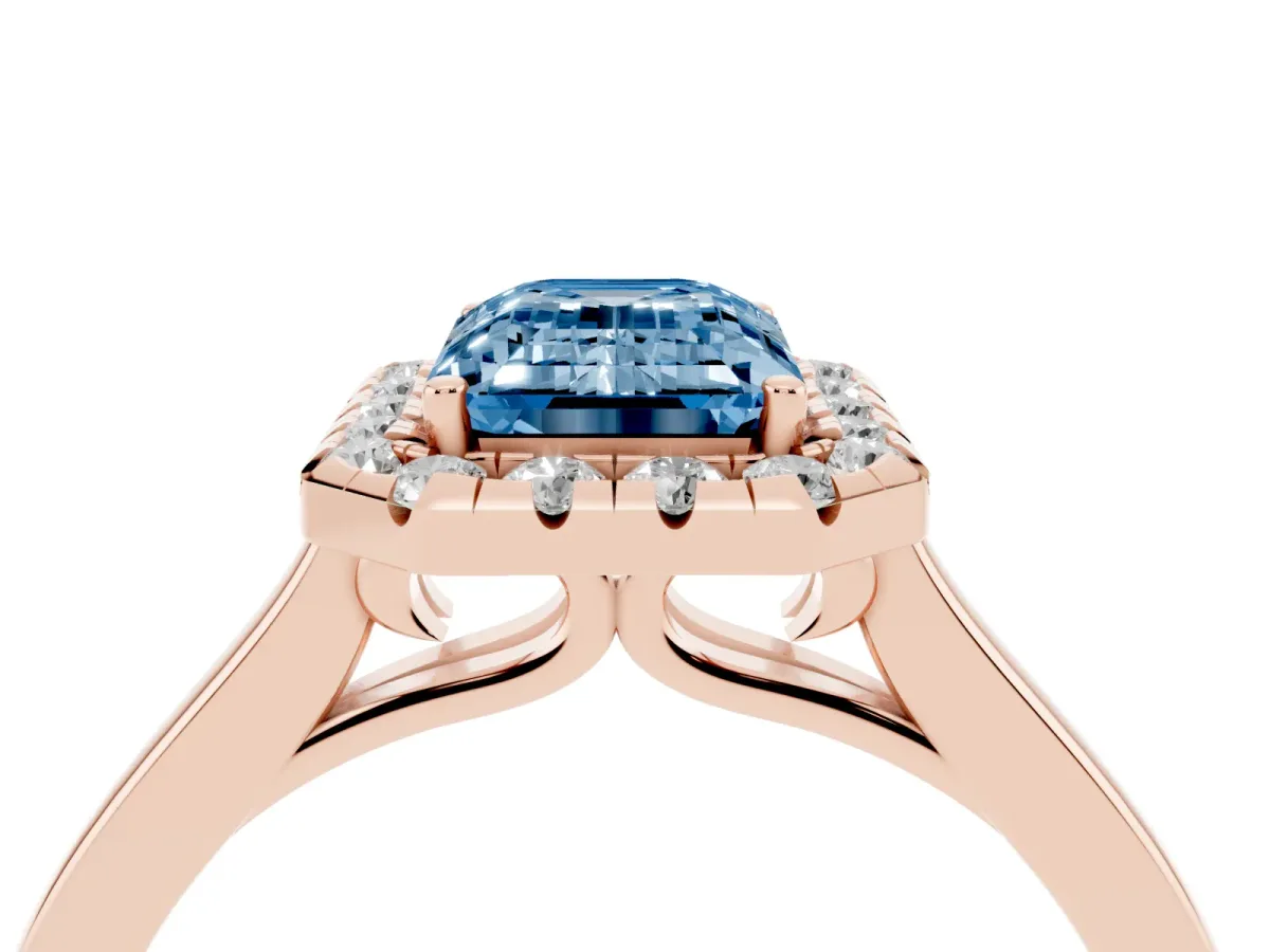 Fancy Blue Emerald Cut Halo Round Diamond Solitaire Ring with Pavé Band and Four-Prong Setting Rose gold