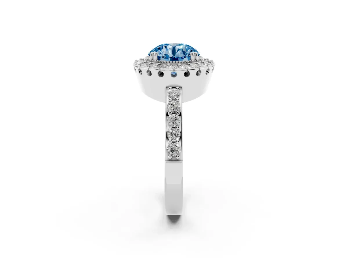 Fancy Blue Round Cut Diamond Halo Ring with Pavé Band and Prong Setting White gold