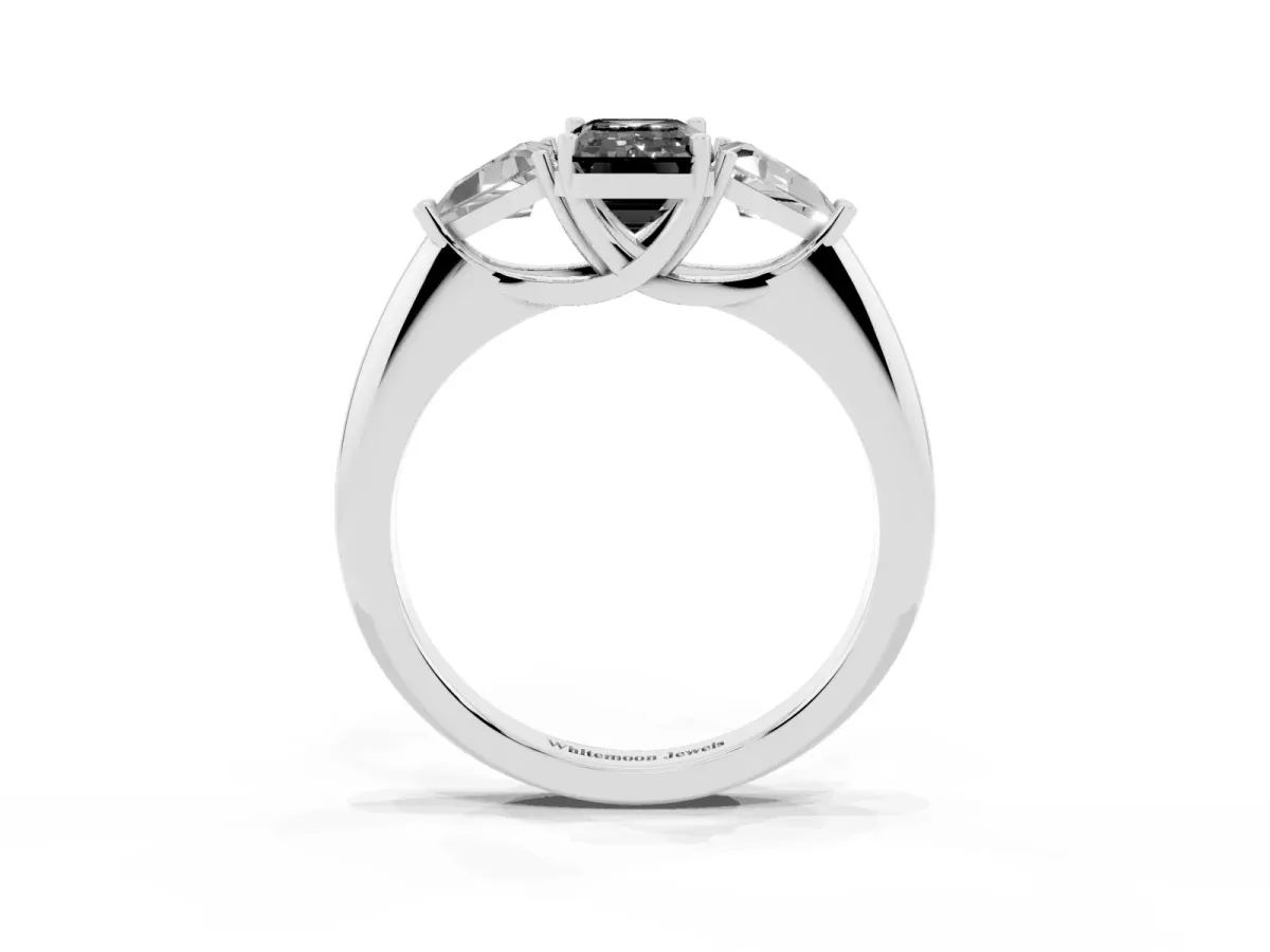 Fancy Black Three-Stone Emerald Cut Diamond Engagement Ring with Trillion Side Stones and Prong Setting Silver