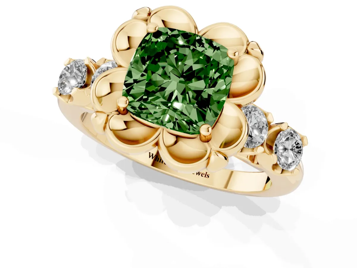 Fancy Green Cushion Cut Cut Diamond Floral Halo Engagement Ring with Shared Prong Setting Yellow gold