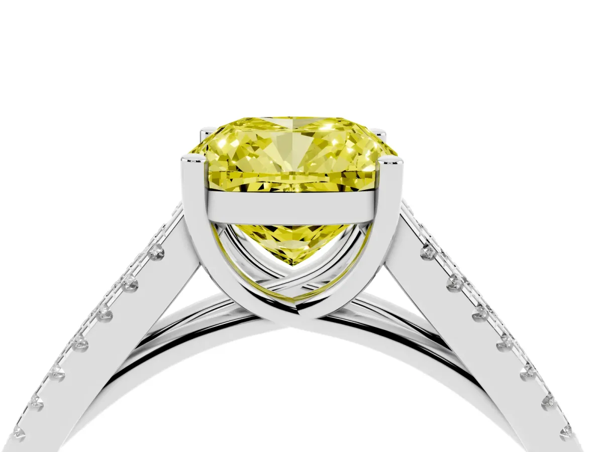 Fancy Yellow Cushion Cut Diamond Solitaire Engagement Ring with Split Shank Pavé Band Silver
